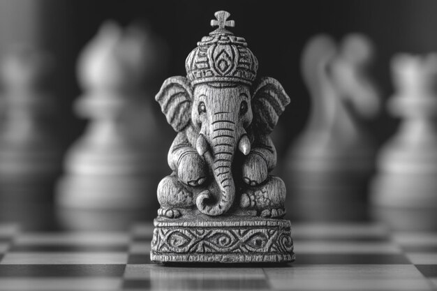 Photo a statue of an elephant with a crown on its head sits on a chess board