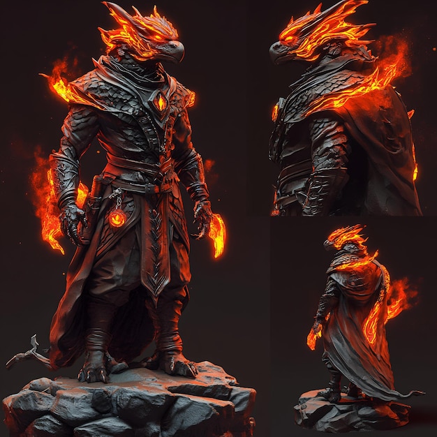 A statue of a fireman with flames and a fire