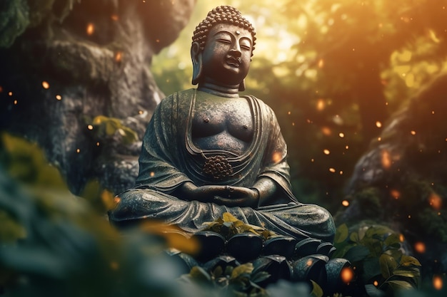 A statue in a forest with the word buddha on it