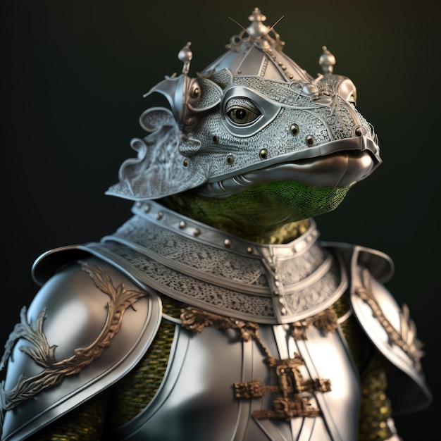 A statue of a frog wearing a armor with a crown on it.