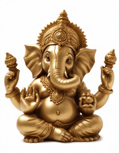 A statue of Ganesha the Hindu deity with an elephant head against a blurred background