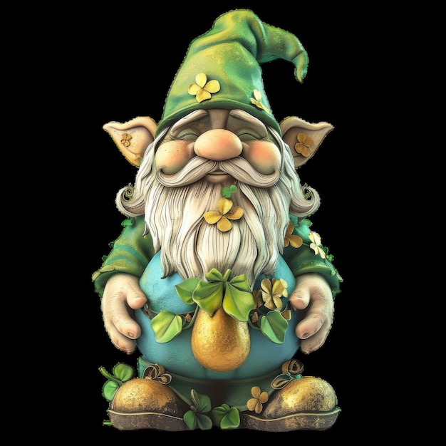 a statue of a gnome with a green top and gold decorations