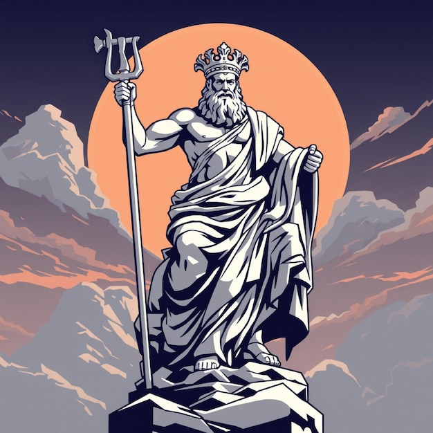 a statue of a god with a moon in the background