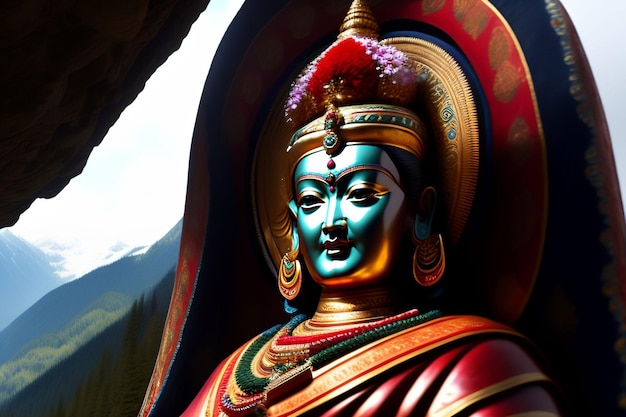 A statue of a god with a red face and blue and red face.