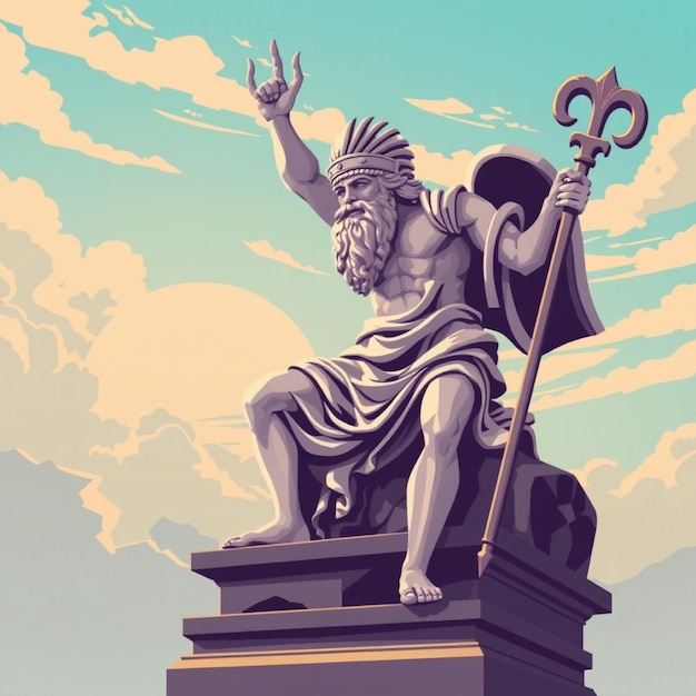 a statue of a god with a sword and a shield