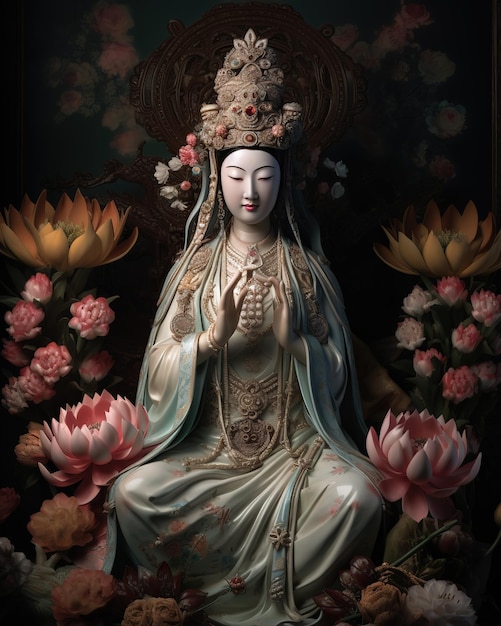 A statue of a goddess with a lotus flower in the foreground.