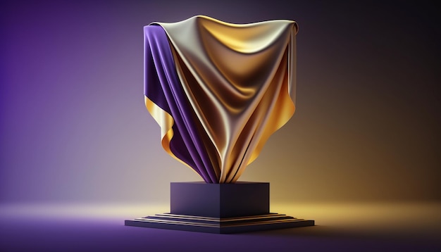 A statue of a gold and purple silk with a purple background.