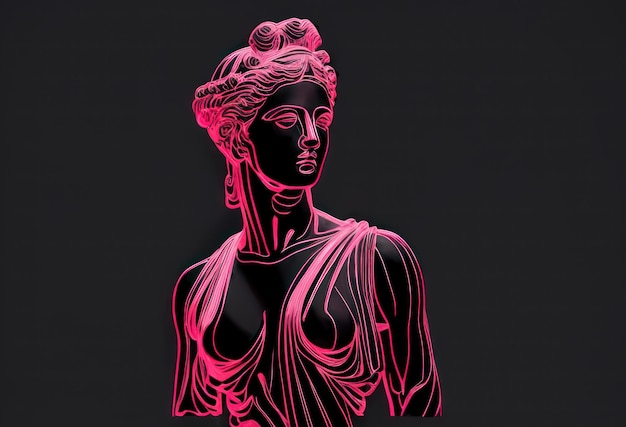 Statue of a Greek-style woman with neon lights, created with generative AI