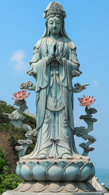 Statue of Guanyin with Lotus Flowers in Serene Setting Generative Ai