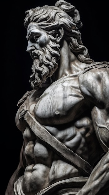 A statue of hercules is shown in a black background.