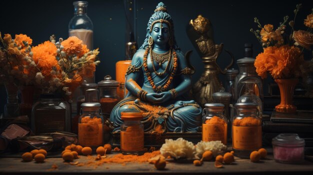 Statue of Hindu God Surrounded by Flowers