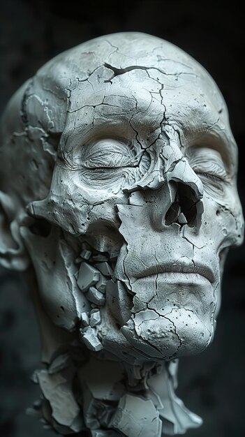 Photo a statue of a human head with a broken jaw