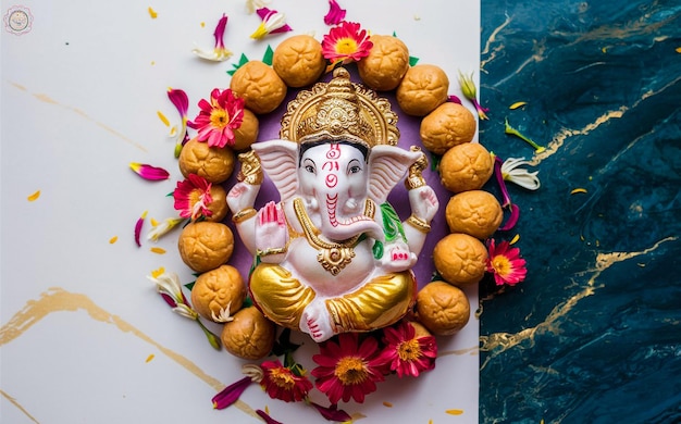 Photo a statue of an idol with flowers and a statue of deity