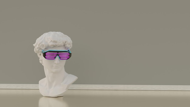 Statue. Isolated. Gypsum statue of David's head. Man. Creative. Plaster statue of David's head in blue sunglasses. Minimal concept art.