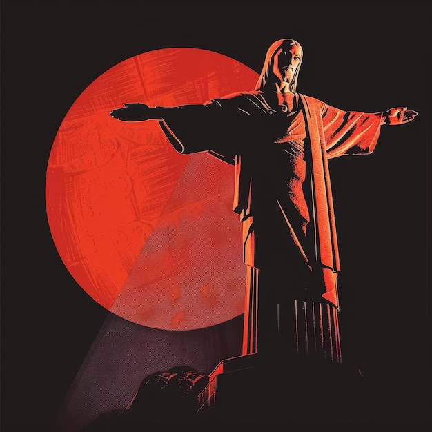 Statue of Jesus Christ in front of a red full moon