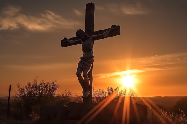 A statue of jesus on a cross with the sun setting behind it