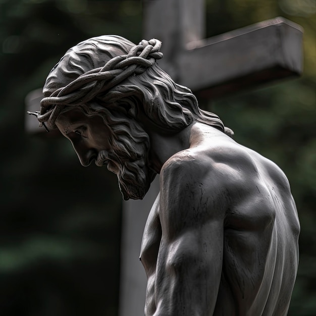 A statue of jesus with a cross in the background