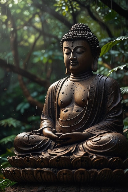 Photo a statue in the jungle with the word buddha on it