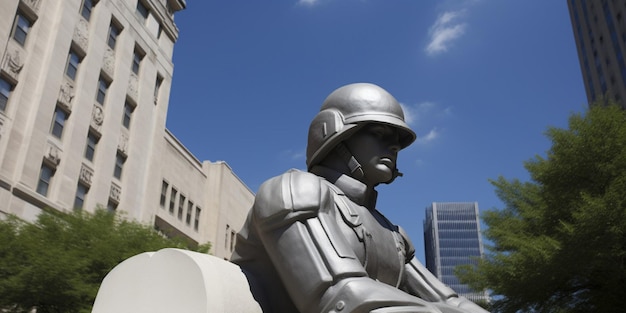 A statue of a knight in armor sits in front of a building.