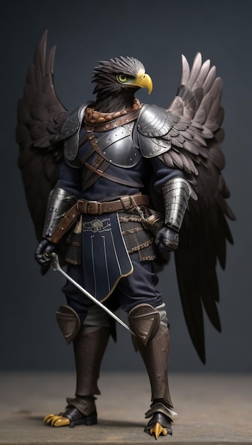 A statue of a knight with wings and a sword.