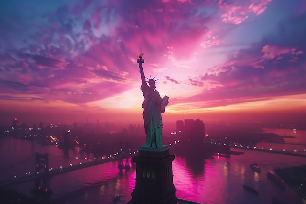 Statue of Liberty against a colorful sunset backdr