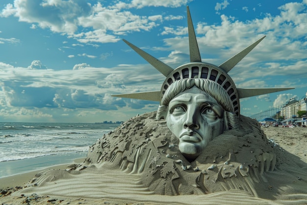 Statue of Liberty half buried in the sand Statue of Liberty half buried in the sand on the beach