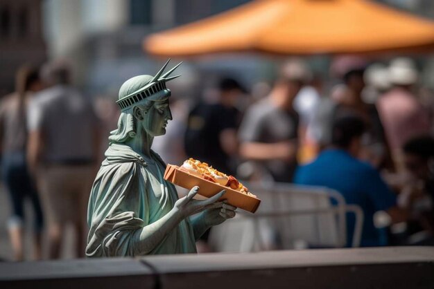 Photo statue of liberty holding a tray of food in front of a crowd