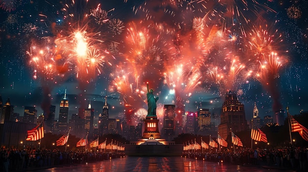 Statue of Liberty Illuminated by Fireworks on Independence Day