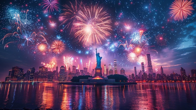 Statue of Liberty Illuminated by Fireworks on Independence Day