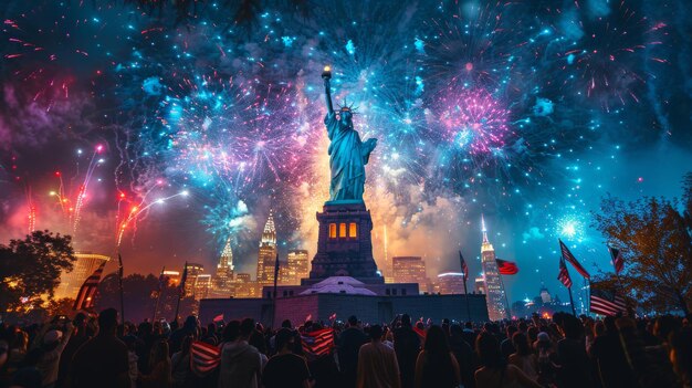 Statue of Liberty Illuminated by Fireworks on Independence Day