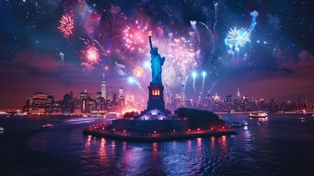 Statue of Liberty Illuminated by Fireworks on Independence Day