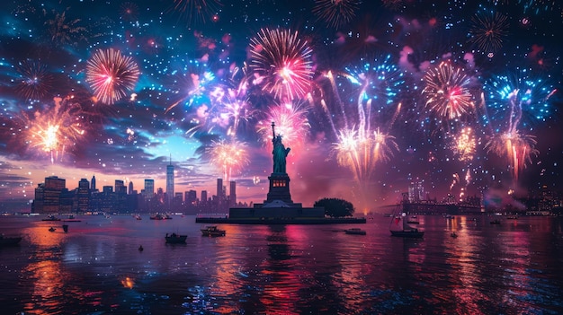 Statue of Liberty Illuminated by Fireworks on Independence Day