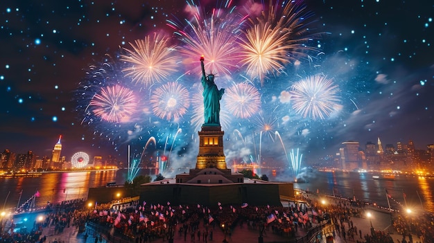 Statue of Liberty Illuminated by Fireworks on Independence Day