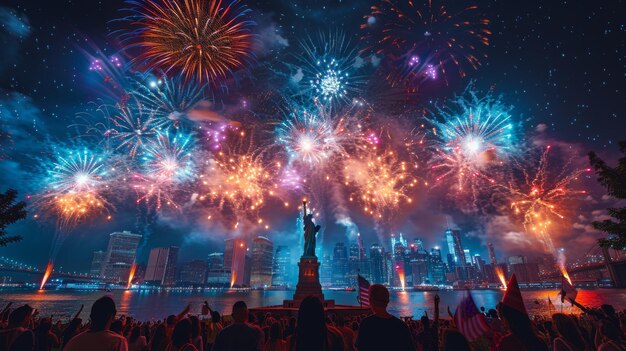 Statue of Liberty Illuminated by Fireworks on Independence Day