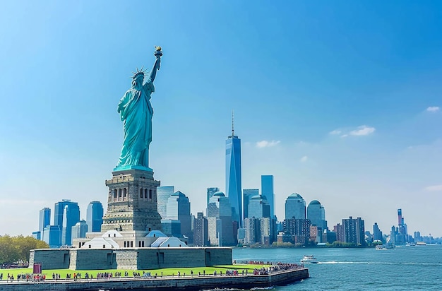 the statue of liberty is in front of a city