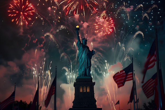 A statue of liberty is lit up with fireworks in the background