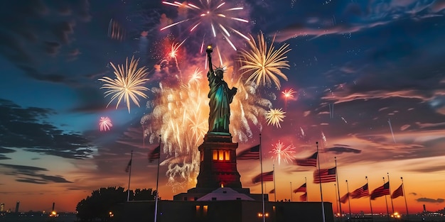 A statue of liberty is lit up with fireworks in the background