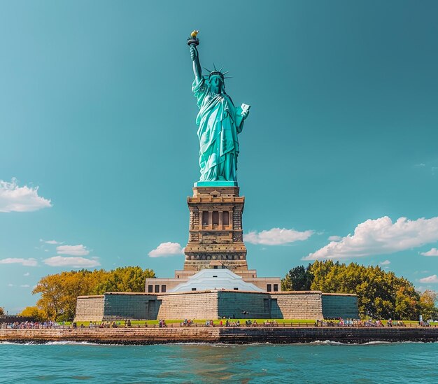 a statue of liberty is standing in front of a body of water