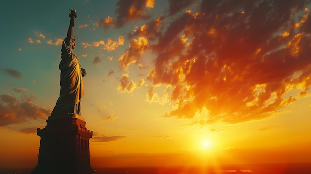 statue of liberty in mild and warm sunset in the summer generative ai