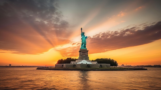 Statue of liberty and the new york city skyline usa