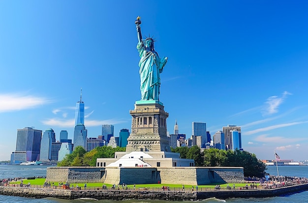 a statue of liberty stands in front of a city skyline