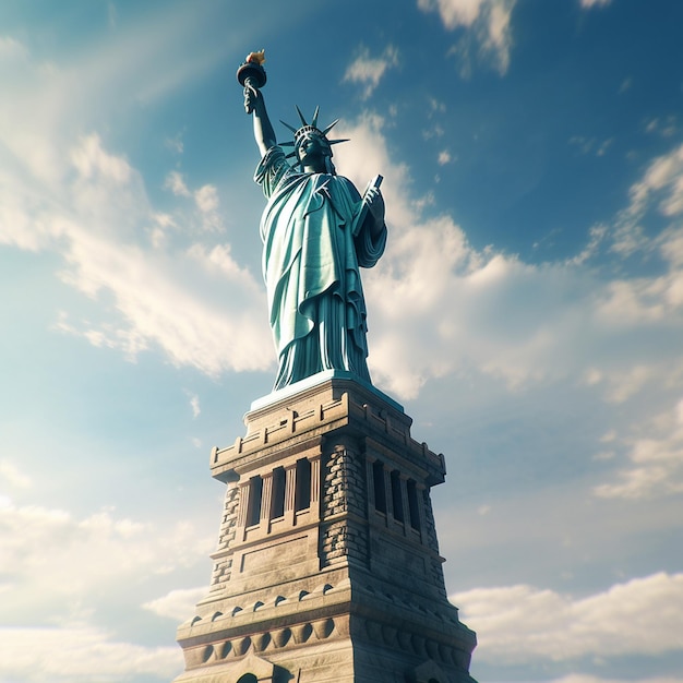 A statue of liberty stands in front of a cloudy sky.