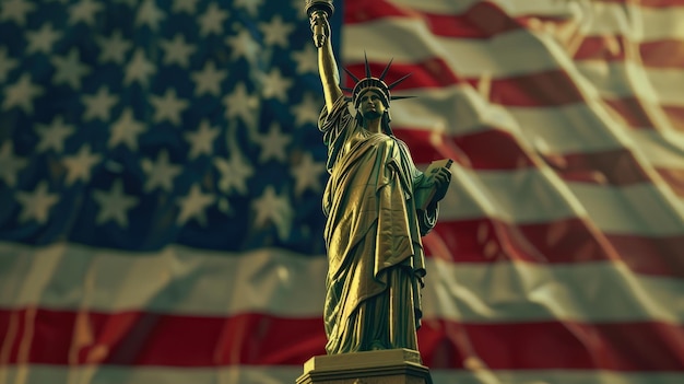 A statue of liberty stands in front of a flag