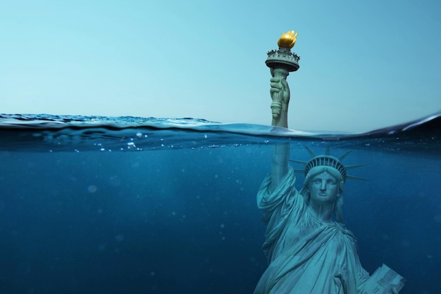 Statue of Liberty Underwater Catastrophe and global warming concept Flooding of America Creative idea of environmental pollution