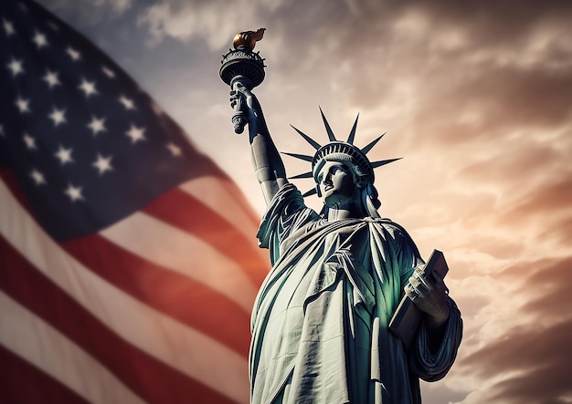 Statue of liberty with an american flag in the background