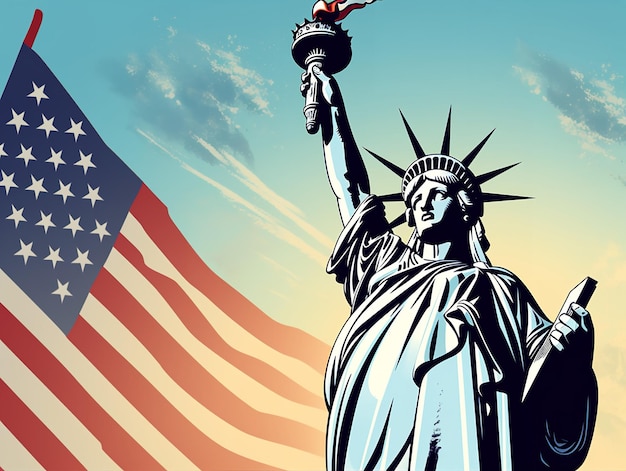 Statue of Liberty with American Flag Clipart