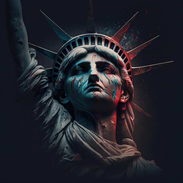 A statue of liberty with a black background and a red and blue paint splatter.