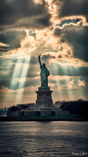 The statue of liberty with cloudy beautiful sky