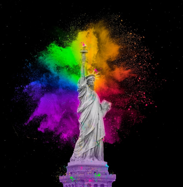 statue of liberty with colorful rainbow holi paint dust explosion isolated on black background