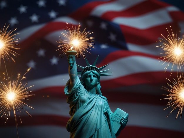 a statue of liberty with fireworks in the background